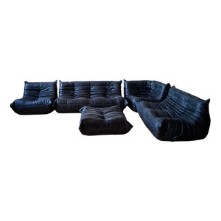 Black Togo Living Room Set in Dubai Leather by Michel Ducaroy for Ligne Roset, Set of 5 For Sale
