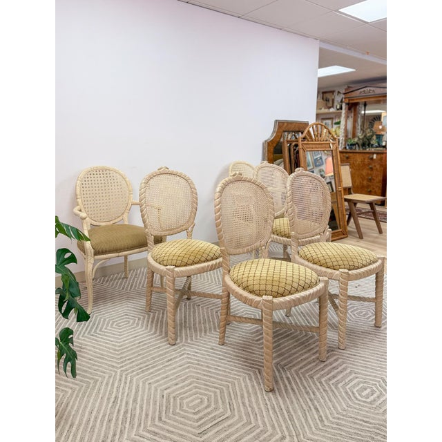 Wood Set of 6 Vintage Cane Dining Chairs Coastal Chic W/ Captains Chairs Hollywood For Sale - Image 7 of 16