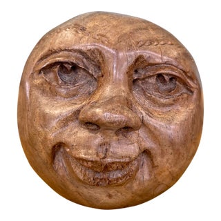 1970s Vintage Hand-Carved Wooden Moon Face Sculpture - Signed Folk Art Sphere For Sale