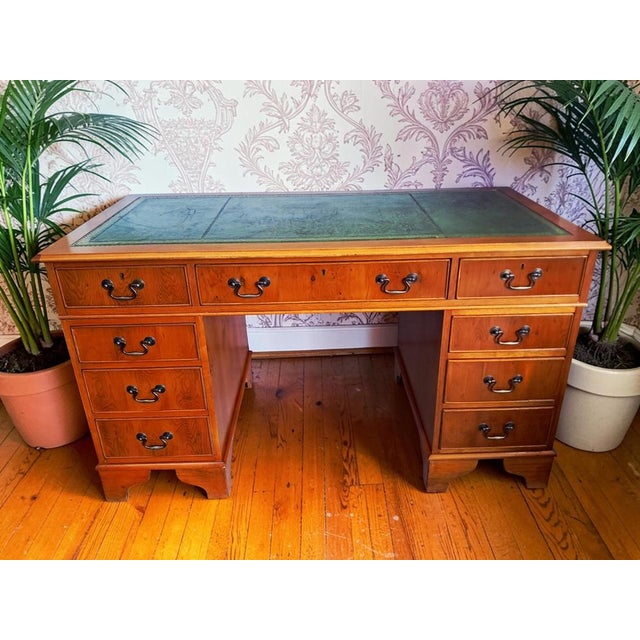 Vintage Twin Pedestal Desk in Yew Wood and Leather Top, 1980 For Sale - Image 12 of 18