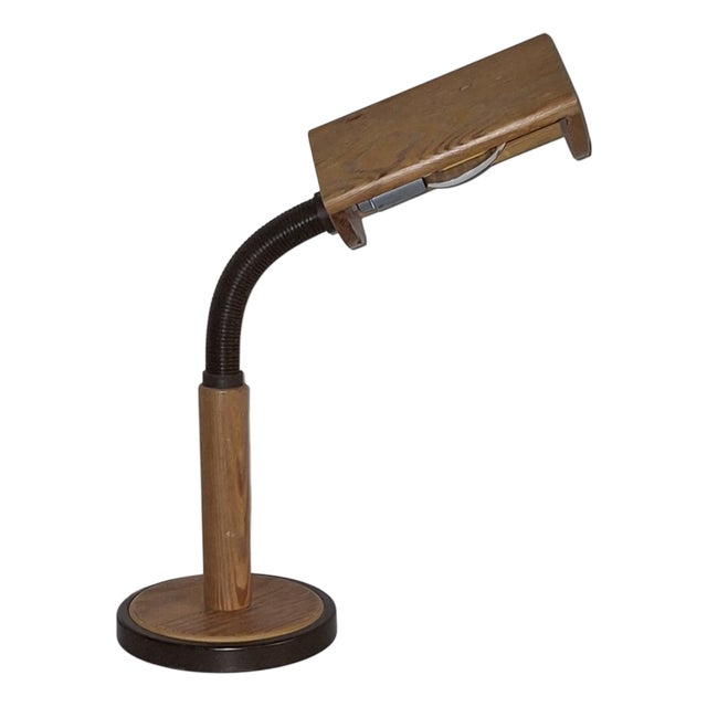 Vintage Adjustable Desk Lamp with Pine and Brown Metal Frame, 1970s For Sale