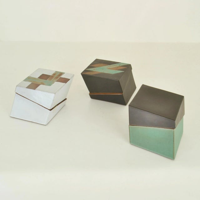 Black Sage Green, Black & White Studio Pottery Boxes, Set of 3 For Sale - Image 8 of 11