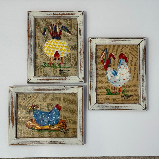 Vintage Farmhouse Chicken Decoupage Framed Paintings - A Trio For Sale - Image 12 of 12