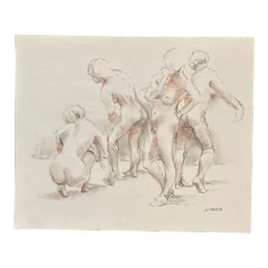 Contemporary Original 4 Female Nude Figure Study Pastel Drawing
