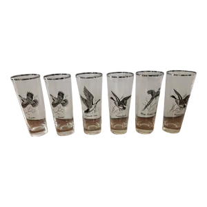 Vintage Federal Glass Sportsman Game Bird Geese Ducks Tumblers With Silver Trim- Set of 6