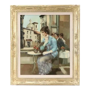 Vintage French Impressionist Oil Painting Woman Cafe Paris Mid Century 1950s