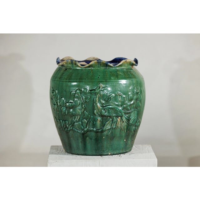 Ceramic Antique Annamese Green-Glazed Planter with Scalloped Rim and Phoenix Motif For Sale - Image 7 of 12