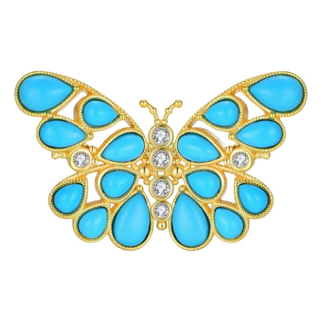 Nina Zhou Butterfly Turquoise Diamond Brooch in 14k Yellow Gold For Sale