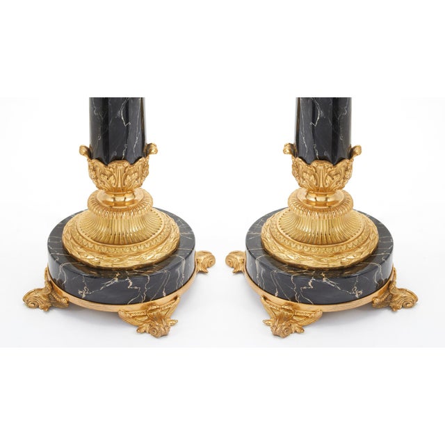 1970s Gilt Bronze / Black Marble Seven-Light Candelabra Pair Table Lamp For Sale - Image 5 of 9