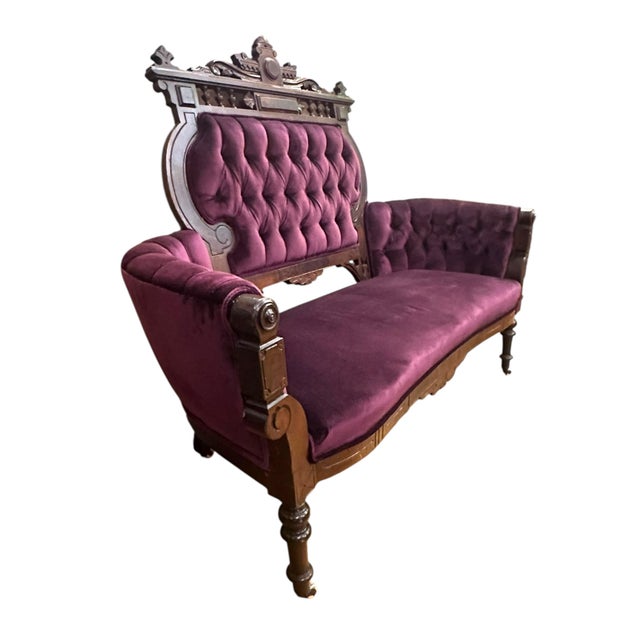 Antique Victorian Eastlake Style 3 Piece Ornate Carved Walnut Parlor Set Newly Reupholstered in a Purple Velvet For Sale - Image 13 of 17