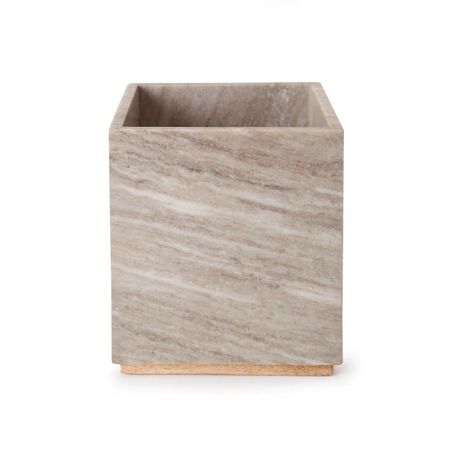 Contemporary San Marino Waste Basket, Beige Marble & Wood For Sale - Image 3 of 3