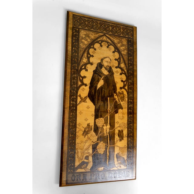 Art Nouveau Pyrography Panel with Religious Theme of St. Francis Speaking to the Birds, Early 20th Century For Sale - Image 6 of 17