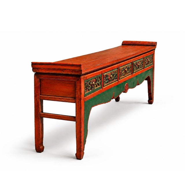 Monumental 8 Ft Extra Long 19th Century Chinese Console Altar Table Carved 5 Drawers Red Orange Green For Sale - Image 9 of 16
