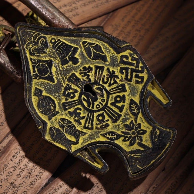 Bronze Vintage Bronze Buddha Head Padlock With Key and Auspicious Symbols For Sale - Image 8 of 9