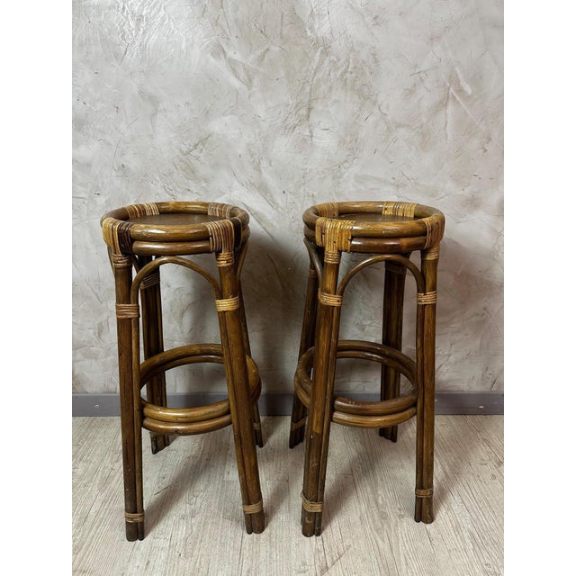 Brown Rattan Bar and Stools, 1960, Set of 3 For Sale - Image 8 of 17