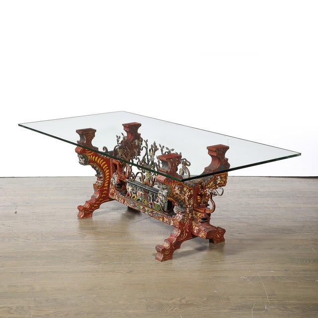 Red Arts and Crafts Sicilian Polychromed Wood & Iron Glass Top Oxcart Cocktail Table For Sale - Image 8 of 18
