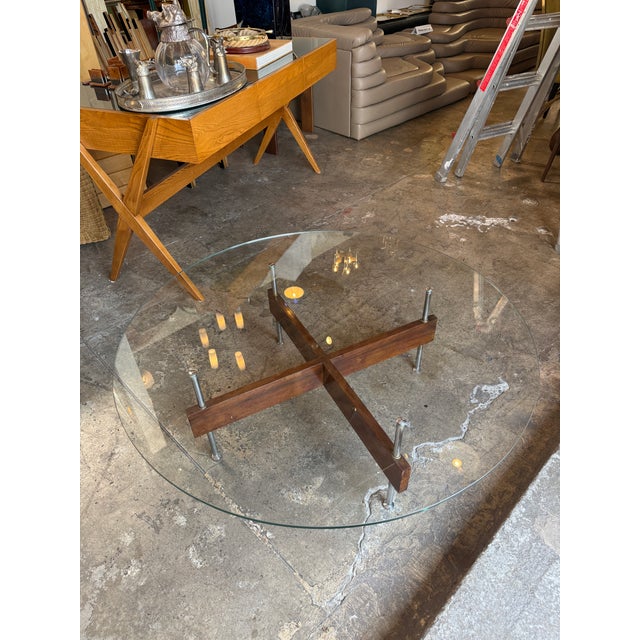 1970s Italian Round Glass Coffee Table With Wood X-Base For Sale - Image 5 of 12
