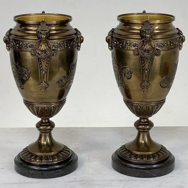 Pair of 19th Century French Napoleon III Period Bronze & Brass Urns For Sale - Image 12 of 13