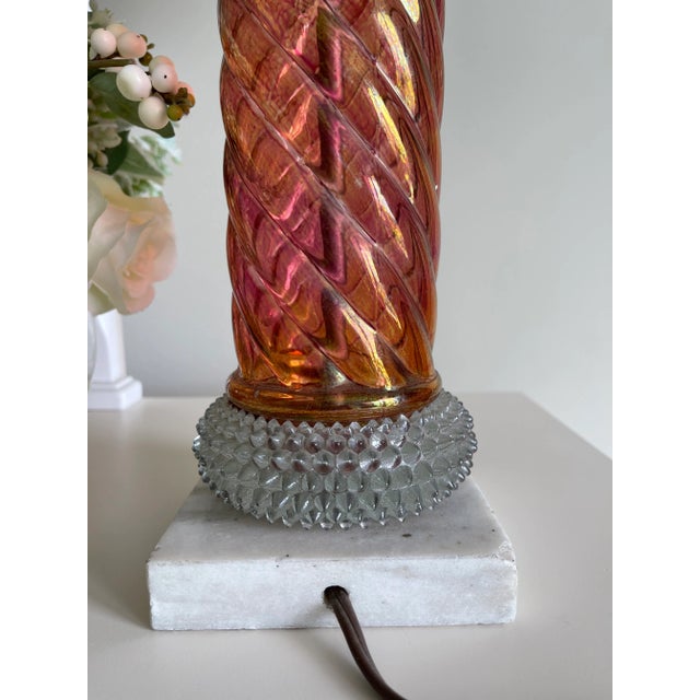 Glass Vintage Pink Iridescent Spiral Column and Clear Hobnail Glass Table Lamp With Marble Base For Sale - Image 7 of 13