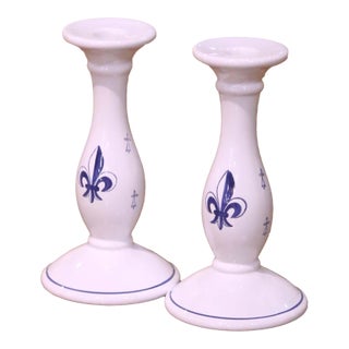French Faience Candlesticks, Hand-Crafted, Fleur-De-Lys Design, 1980 For Sale