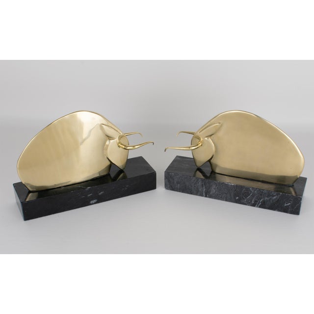 Art Deco Polished Brass and Marble LongHorn Bull Bookends For Sale - Image 9 of 14