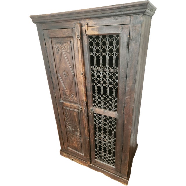 Antique Hand-Carved Wood Wardrobe with Carved Doors and Iron Grille, Bali, Indonesia, 1920s For Sale - Image 9 of 18