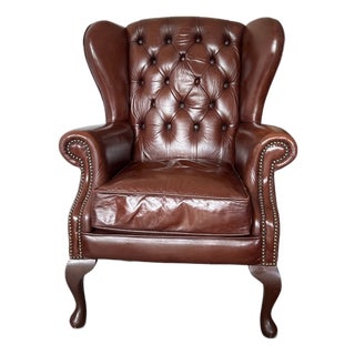 Chesterfield Wingback Chair in Brown Leather For Sale