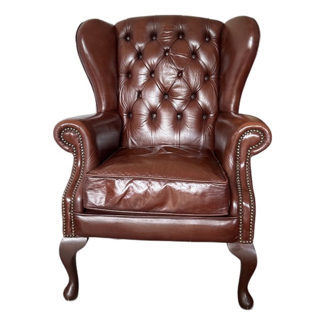 Chesterfield Wingback Chair in Brown Leather For Sale