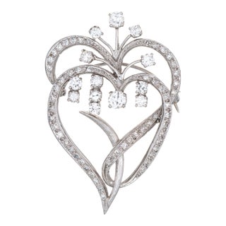 1.35ct Diamond Double Heart Pendant Mid Century 10k White Gold Vintage Jewelry For Sale