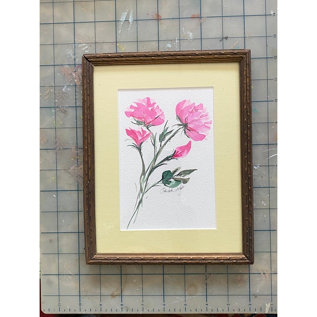 This reminder of spring watercolor is matted in soft yellow inside a vintage all wood frame. Image size is 5" by 7",...