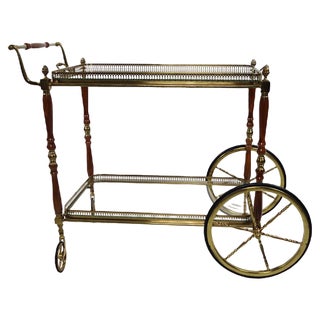 Hollywood Regency Bar Cart in Brass & Mahogany by Maison Jansen For Sale