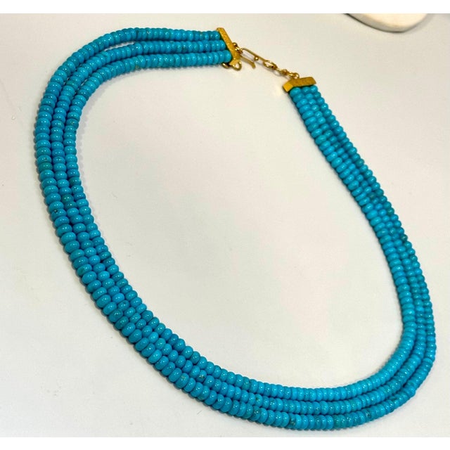 345 Carat Natural Sleeping Beauty Turquoise Necklace, Three-Strand 14 Karat Gold Natural Sleeping Beauty Turquoise which...