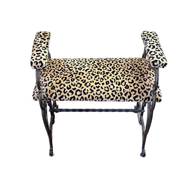 1930's Wrought Iron Spanish Baroque Leopard Upholstered Bench For Sale - Image 9 of 9