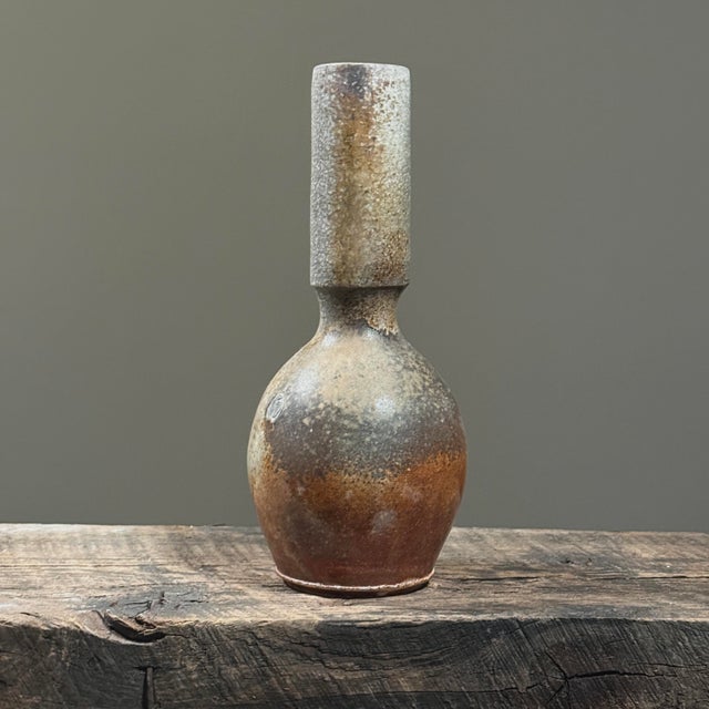 Japanese Vintage Modernist Wood Fired Stoneware Vase With Cylindrical Neck For Sale - Image 3 of 9