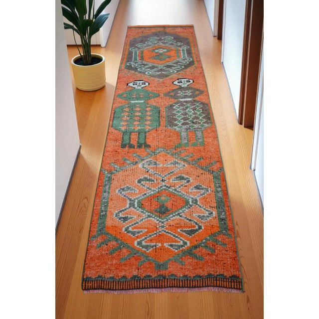 Rustic Mythological Runner Rug Hand-Knotted 2'9"x9'6" Vibrant Orange Turkish Rug Kitchen Runner Extraterrestrial Motif For Sale - Image 3 of 14