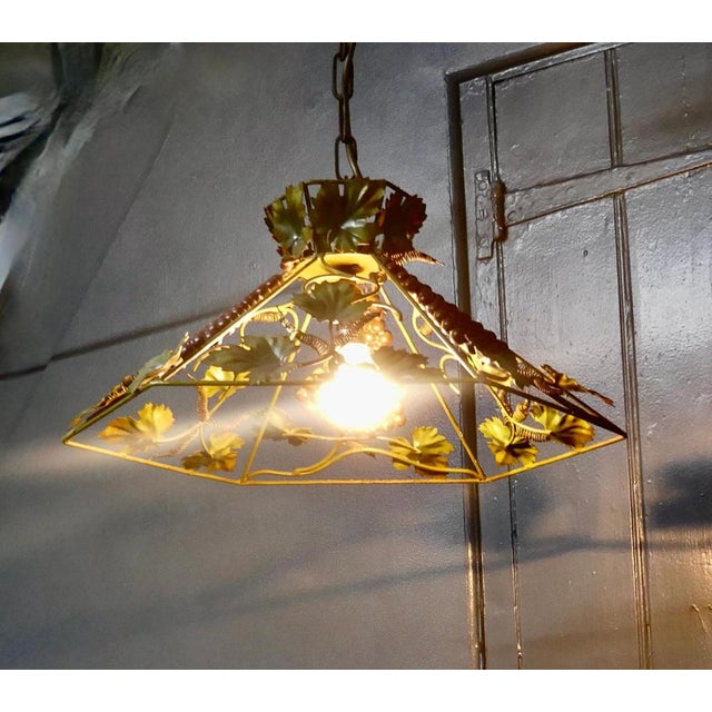 A French Toleware Bistro ceiling light, decorated with vines This is a very decorative 6 sided ceiling light, the light it...