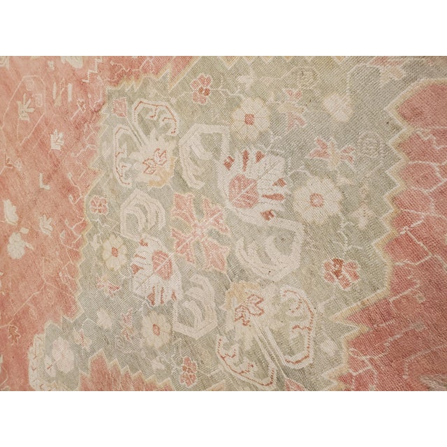 Antique Oushak Carpet, Oriental Rug, Handmade Ivory, Muted Coral, Soft Green For Sale - Image 9 of 18