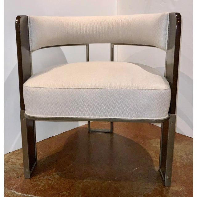 Original Retail $1900, stylish Caracole Modern Streamliner Lounge Chair, zebra wood frame with antique brass metal detail,...