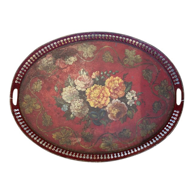 Antique Oval Handpainted Peony and Roses Toleware Tray For Sale