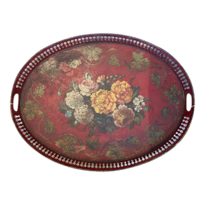 Antique Oval Handpainted Peony and Roses Toleware Tray