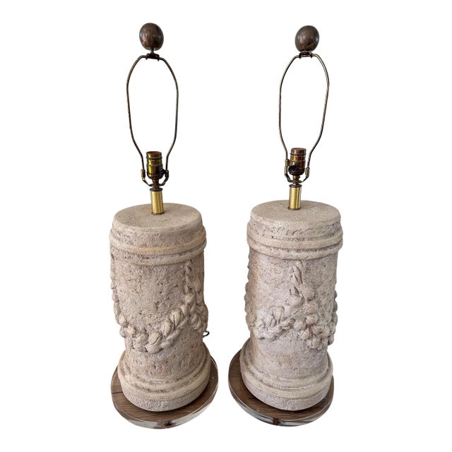 Cast Stone Column Table Lamps on Lucite Base – Sculptural Architectural Lighting, 33″ For Sale