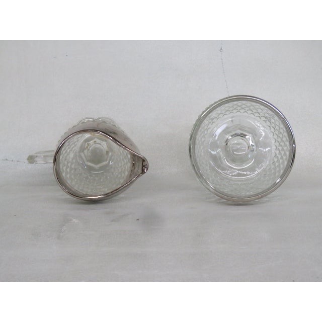 Glass Mid 20th Century Indiana Diamond Point Creamer Sugar Bowl Set Clear Glass Silver Tone Rim 4538b For Sale - Image 7 of 12