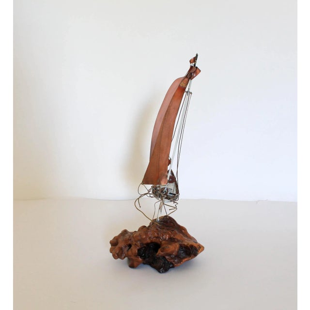 Mid 20th Century Mid-Century Brutalist Burlwood & Copper Sailboat For Sale - Image 5 of 13