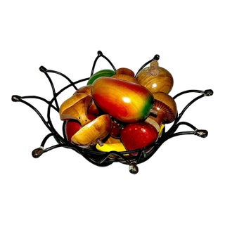 Vintage Hand Carved Costa Rica Wooden Fruit in a Wire Basket 13 PCS For Sale