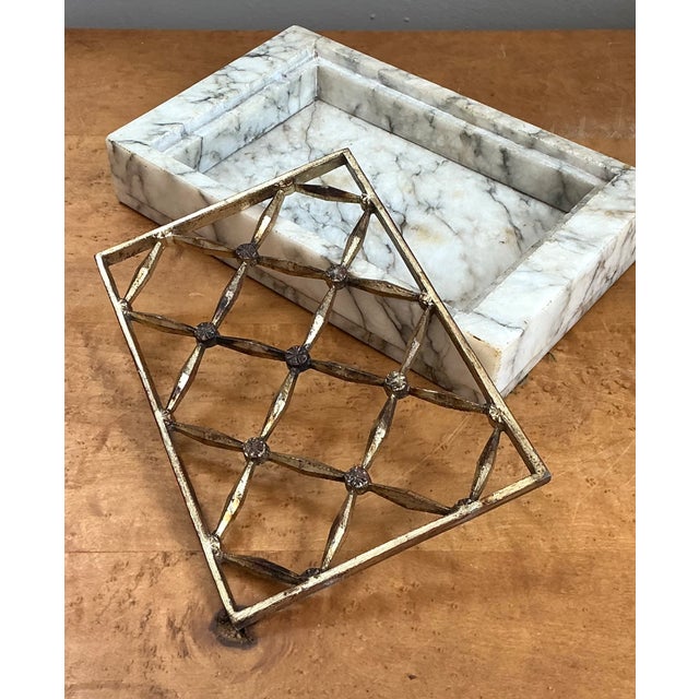 White Vintage Marble and Brass Decorative Dresser Tray For Sale - Image 8 of 12