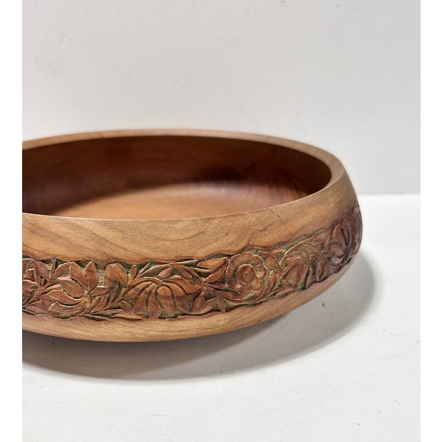 Brown 1970s Hand-Carved Wooden Bowl With Floral Band – Rustic Artisan Centerpiece For Sale - Image 8 of 9