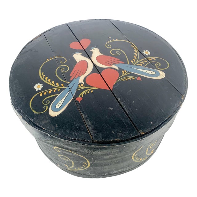 Vintage Large Pennsylvania Dutch Hand Painted Pantry Cheese Box Bentwood Doves For Sale