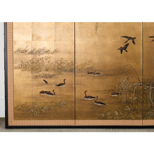 Japanese Showa Four-Panel Screen Wild Geese Autumn Landscape For Sale - Image 10 of 18