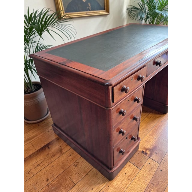 Antique Victorian Mahogany Pedestal Desk with Green Leather, 1890s For Sale - Image 13 of 18