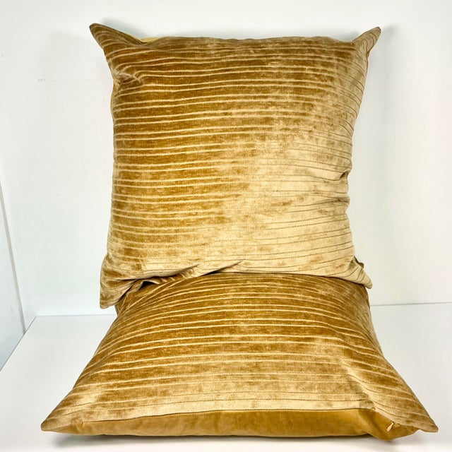 Vintage Boho Chic Contemporary Carmel Velour Striped Decorative Pillows - Set of 2. For Sale - Image 9 of 11